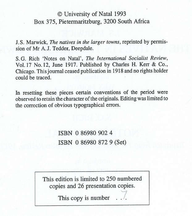 A Lecture on The Natives in the Larger Towns, and Notes on Natal (Limited Edition) | J. S. Marwic...