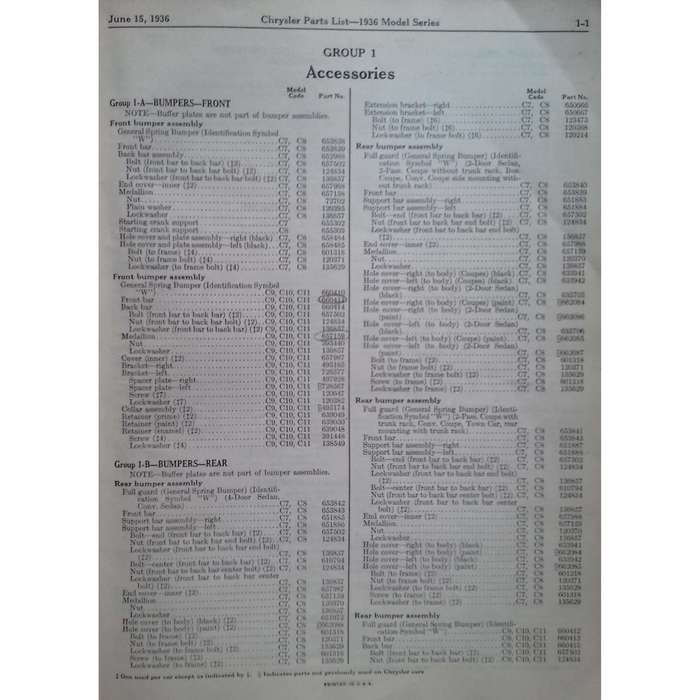 Chrysler Parts List: 1936 Model Series