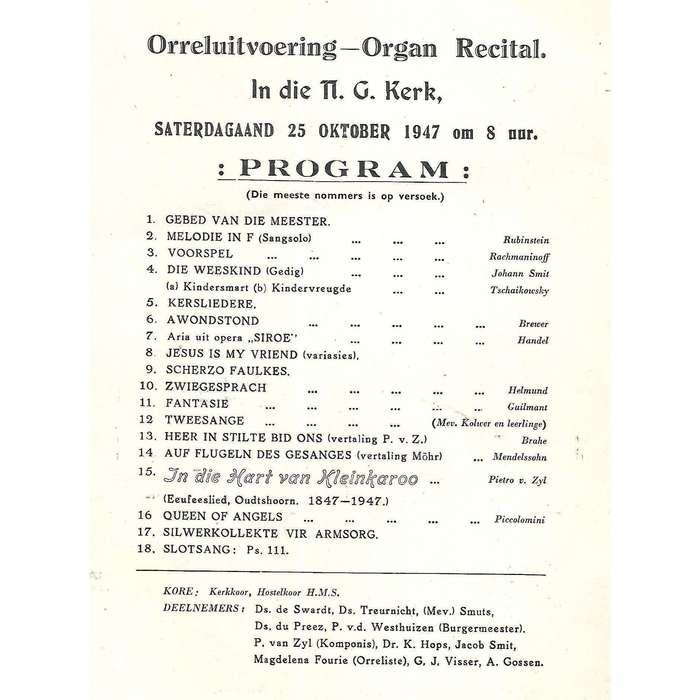 Die Hart van die Kleinkaroo (Eeufeeslied, Oudtshoorn, 1847-1947) | Pietro van Zyl