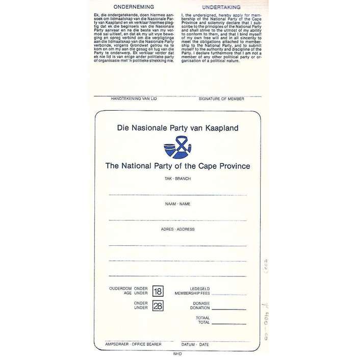 Die Nasionale Party van Kaapland - The National Party of the Cape Province (Membership Sign-Up Bo...