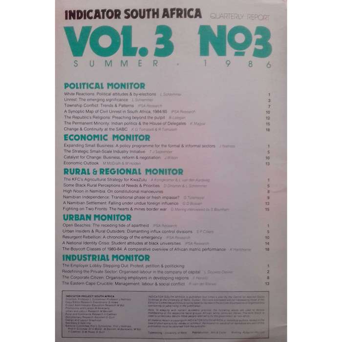 Indicator South Africa (Vol. 3, No. 3, Summer 1986, 5 Volumes in Folder)