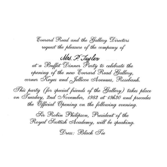 Invitation to the Inaugural Exhibition and Opening of the new Everard Read Gallery (1982)
