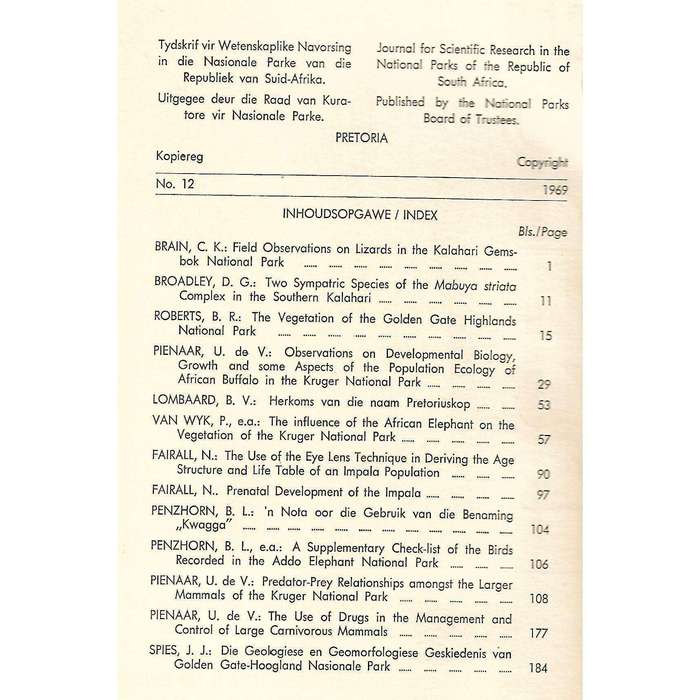 Koedoe: Journal for Scientific Research in the National Parks of the Republic of South Africa (No...