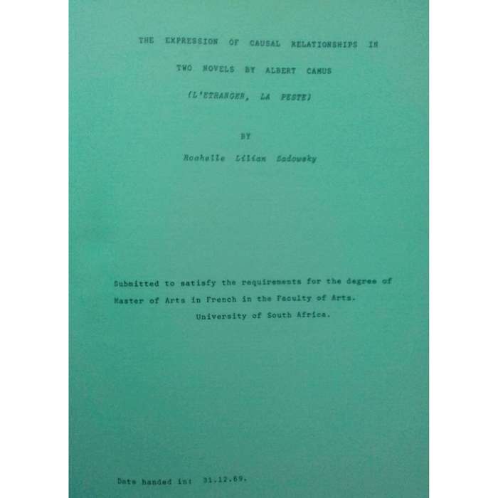 L'Expression de la Causalite Dans Deux Romans D'Albert Camus (L'Etranger, La Peste) | R. L. Sadowsky
