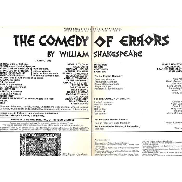 The Comedy of Errors (Staged by The Performing Arts Council Transvaal, Programme Brochure)