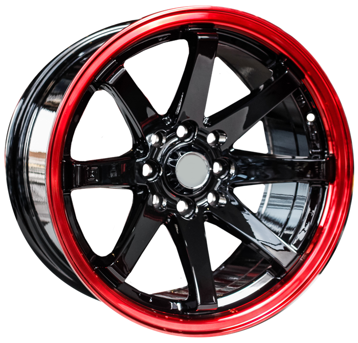 15" Evolution Racing  Striker 8/100/114 8J ET15 CH73.1 Black Machined Lip+Red Wheels