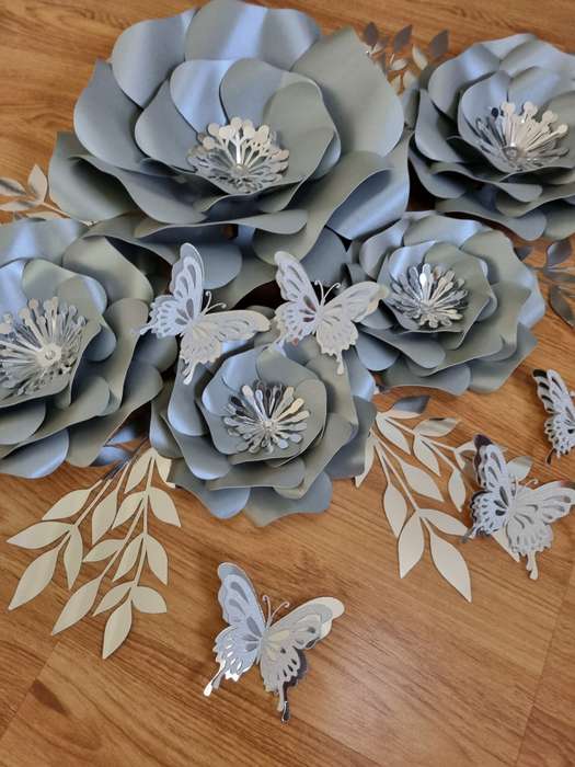 DO IT YOURSELF SET OF 5 PAPER FLOWERS WITH PAPER BUTTERFLIES AND LEAVES GREY AND SILVER, Nursery ...