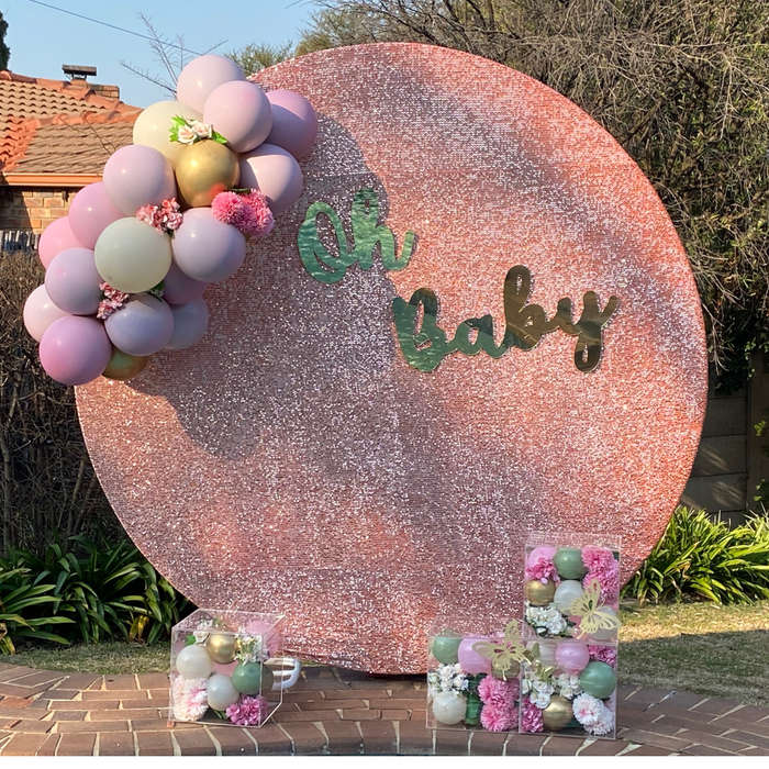 OH BABY Sequins Round Backdrop Balloon Garland and Baby Boxes