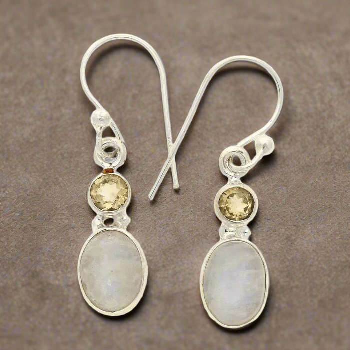 Moonstone & Citrine Sterling Silver Earrings - Tranquility & Abundance