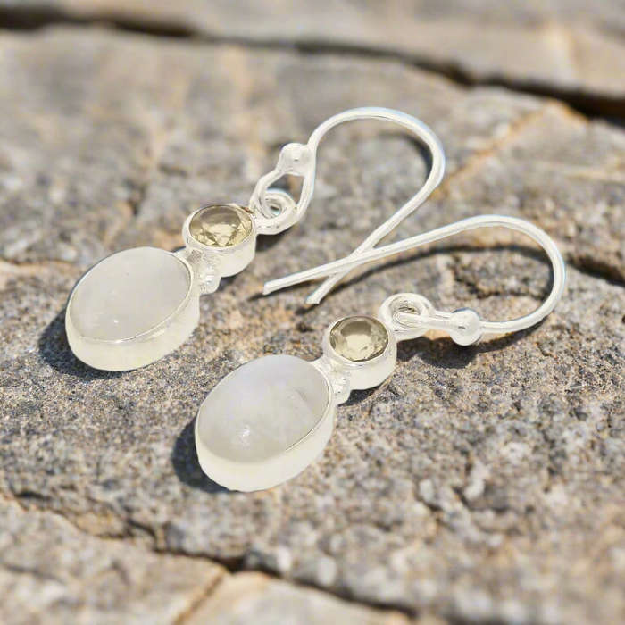 Moonstone & Citrine Sterling Silver Earrings - Tranquility & Abundance