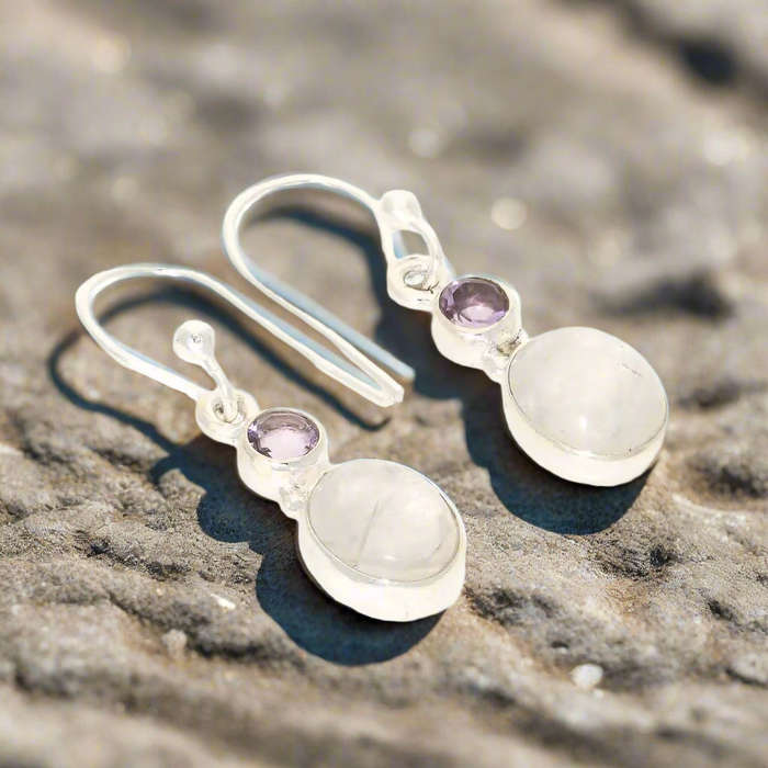 Moonstone & Amethyst Sterling Silver Earrings - Tranquility & Healing