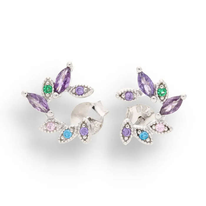 Sterling Silver Multi-Colour CZ Leaf Branch Stud Earrings
