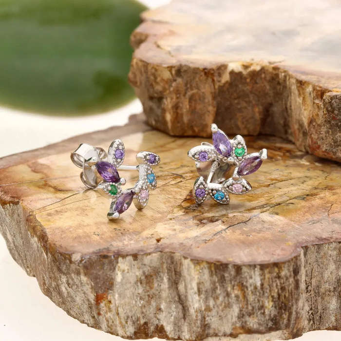 Sterling Silver Multi-Colour CZ Leaf Branch Stud Earrings