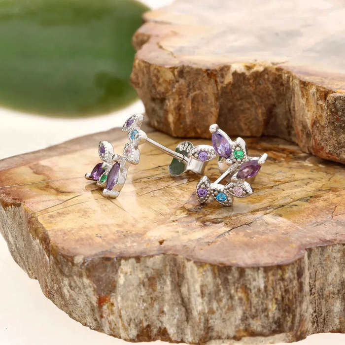 Sterling Silver Multi-Colour CZ Leaf Branch Stud Earrings