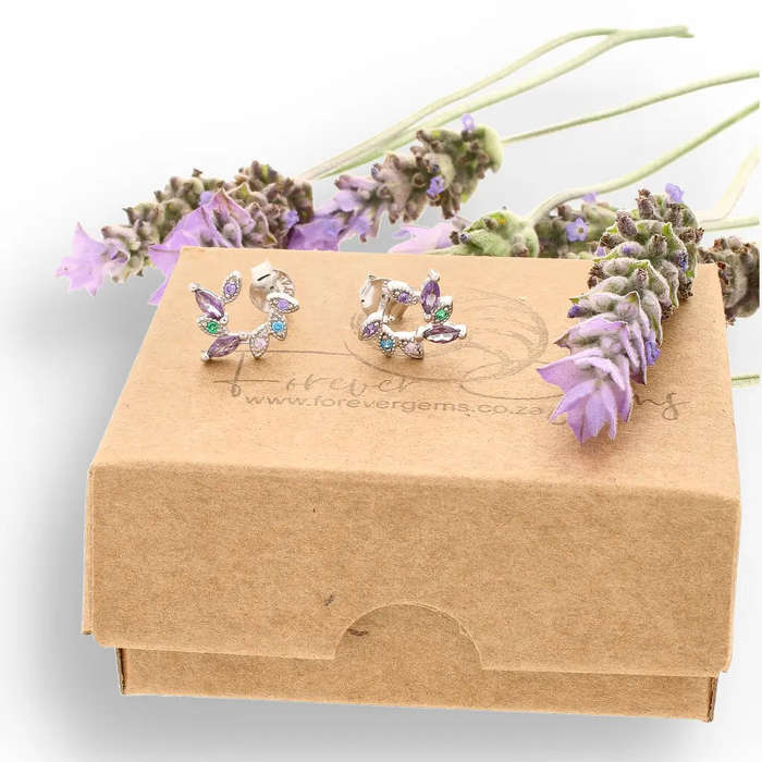 Sterling Silver Multi-Colour CZ Leaf Branch Stud Earrings