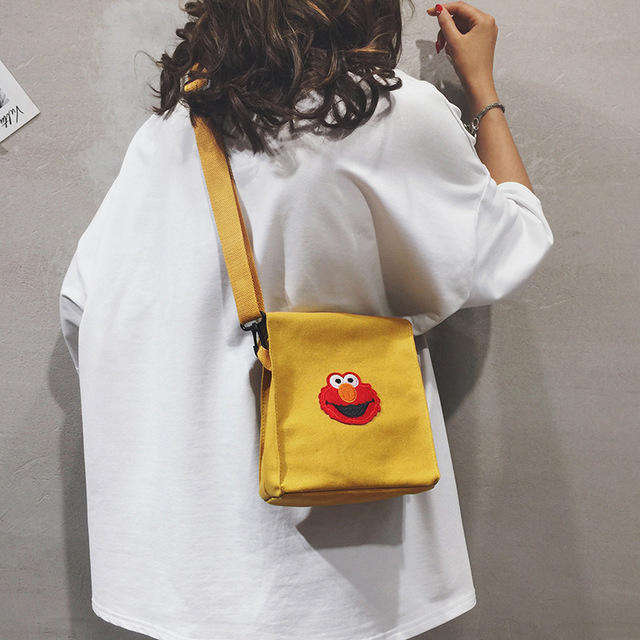 New Japanese Personality Fries Bag Canvas Handbags Cartoon Sesame Street Judi Shoulder Mes... - Blue