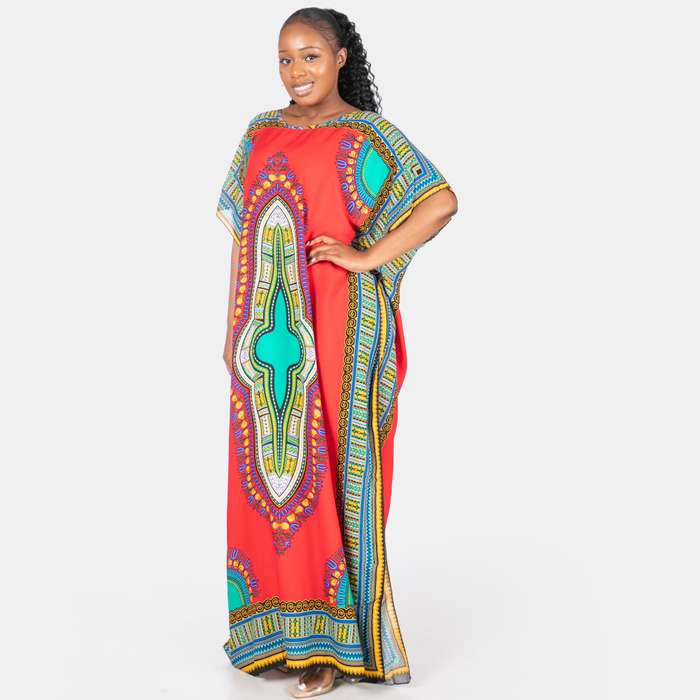 Ladies' African Dashiki Printed Kaftan - Red
