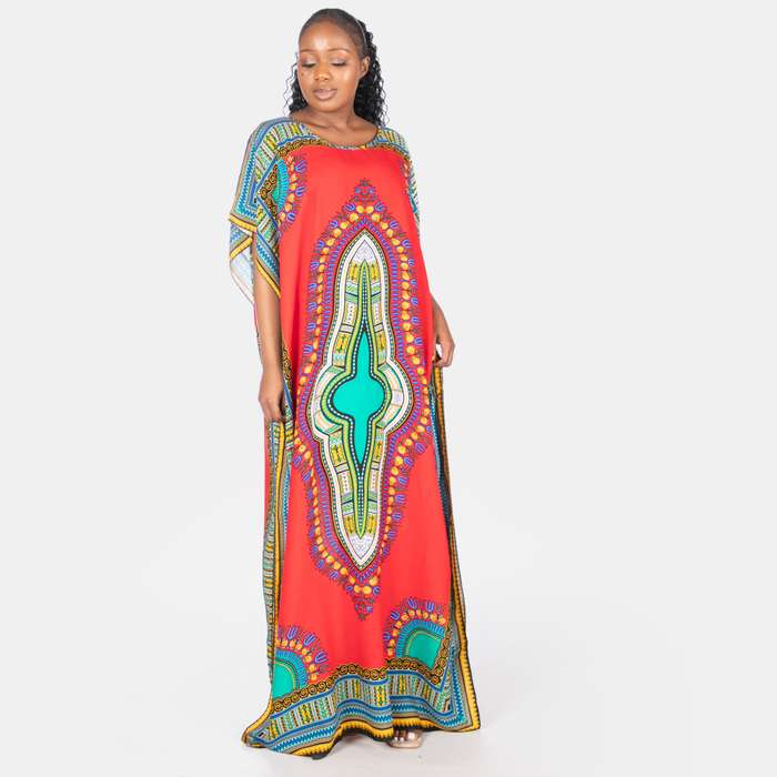Ladies' African Dashiki Printed Kaftan - Red