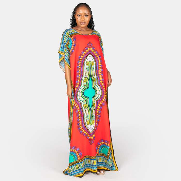 Ladies' African Dashiki Printed Kaftan - Red