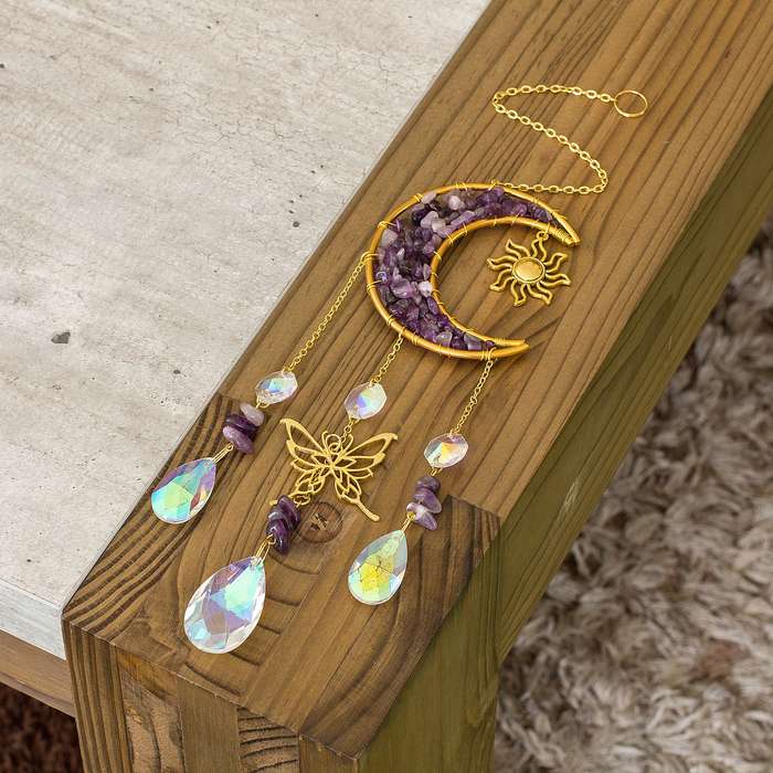Natural Amethyst Chip & Metal Moon Hanging Suncatcher