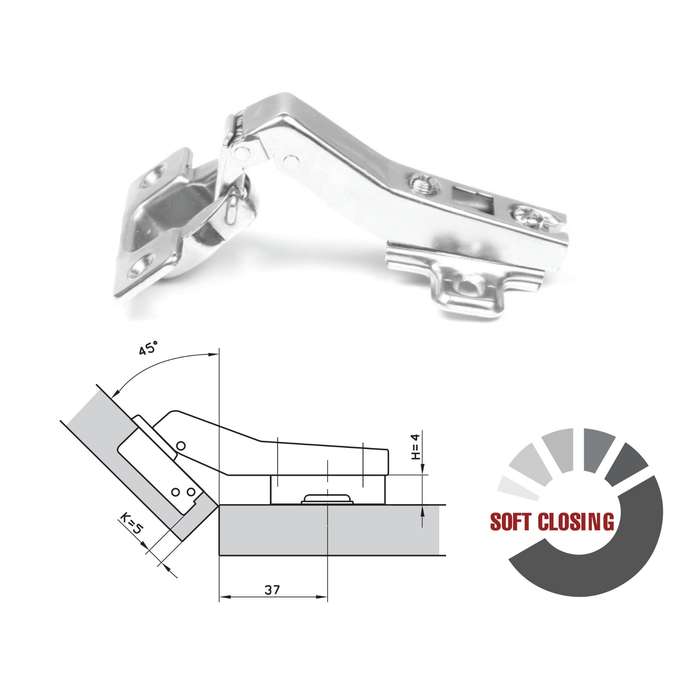 ROCO 45 Degree Soft Close 4 Hole Base Plate Cupboard Hinge