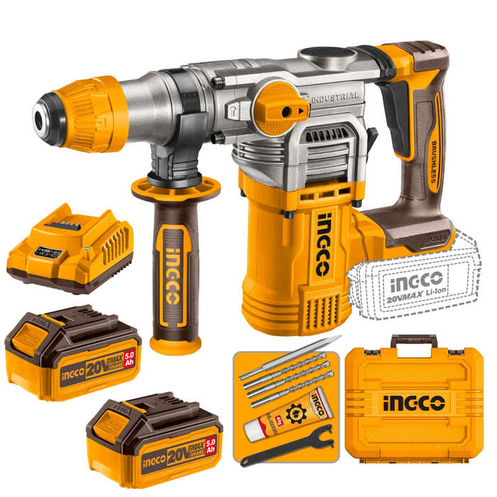 Ingco Cordless Rotary Hammer Drill 20V Kit with 2x Batteries(5Ah)