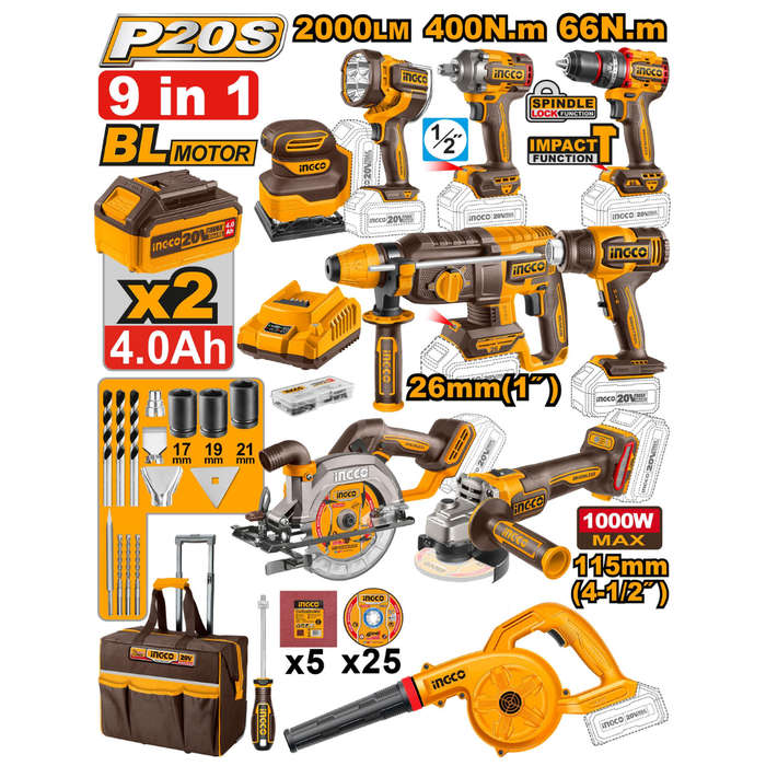 **BACKORDER** Special - Ingco 9 Piece Cordless Industrial Combo Kit - **OPEN FOR BACKORDER**