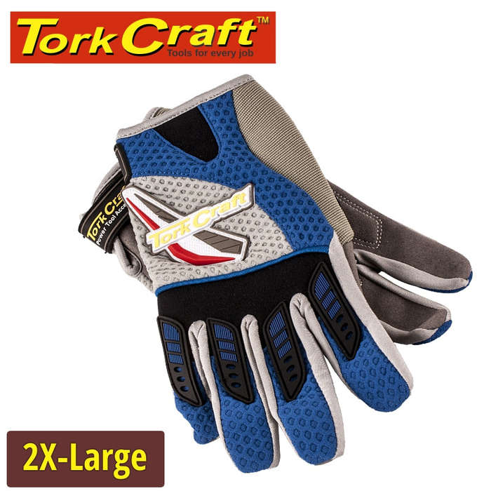 Tork Craft Mechanics Glove Xx Large Synthetic Leather Palm Air Mesh Back Blue -
