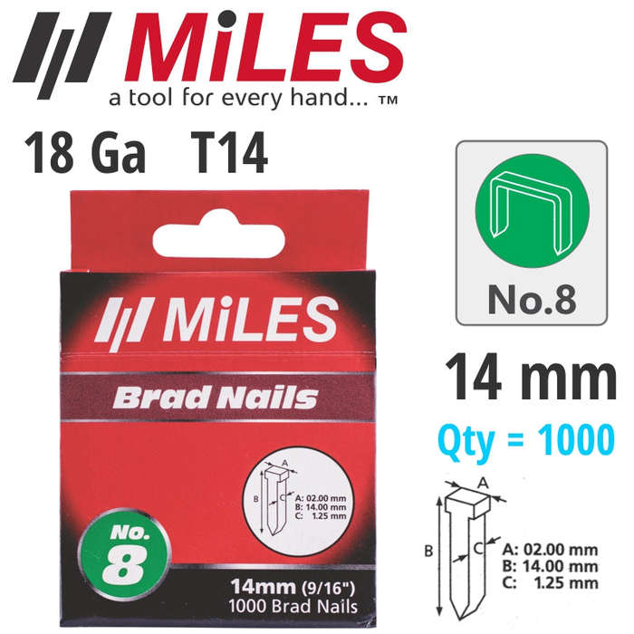 Miles Galv Brad Nail T14 18G 14Mm X 1000Pcs Miles No8 -