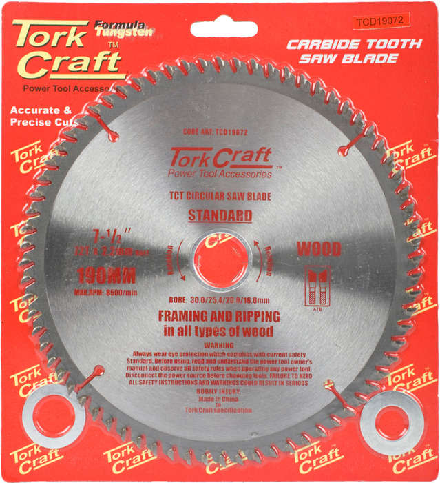 Tork Craft Blade Tct 190 X 72T 30/ General Purpose Cross Cut Smooth -