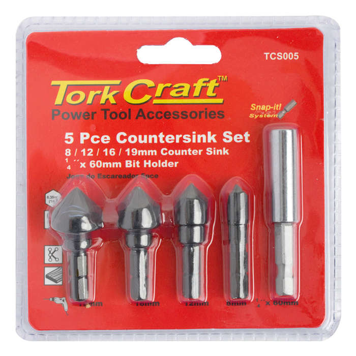 Tork Craft Countersink Set 5Pce Set Carbon (8,12,16,19Mm C/W Hex Shank Adaptor) -