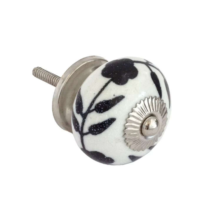 Ceramic Knob - White & Black Flowers