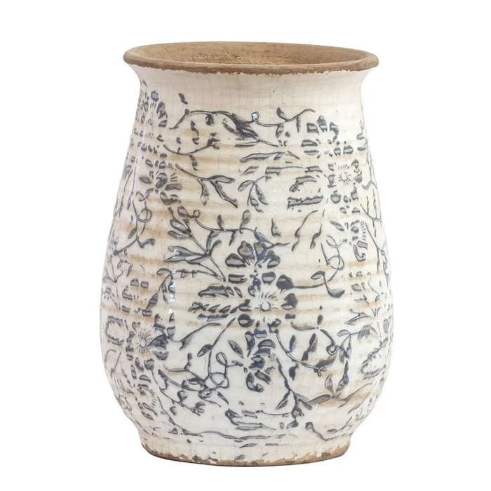 Ceramic Vase -  Blue Grey Flowers 21cm