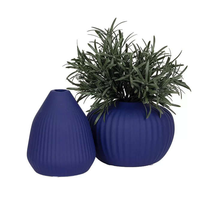 Ceramic Vase - Blue Ribbed Posy 13.5cm