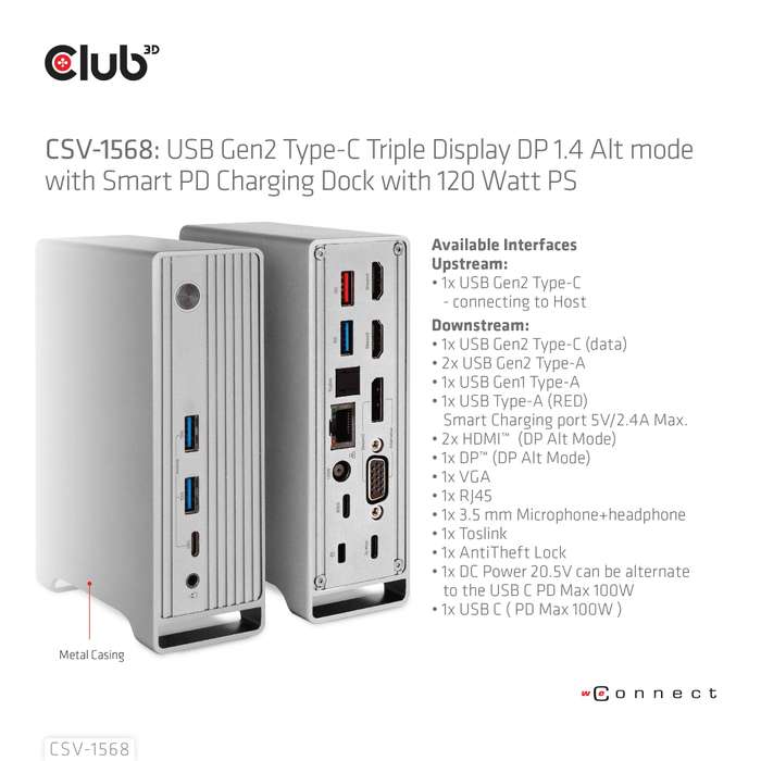 Club 3D Gen2 Type-C with Smart PD Charging Dock Station CSV-1568