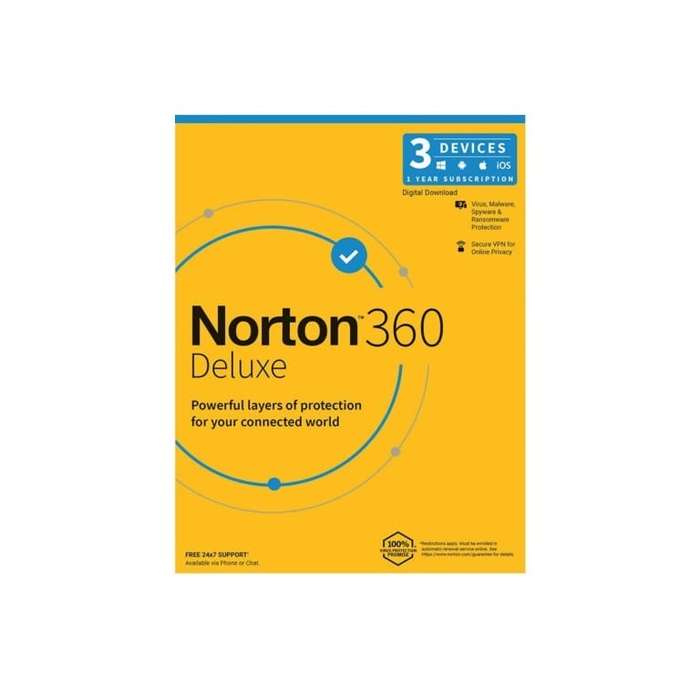 Norton 360 Deluxe for 3x PCs Macs Smartphones or Tablets - Single-user 1-year Subscription Downlo...