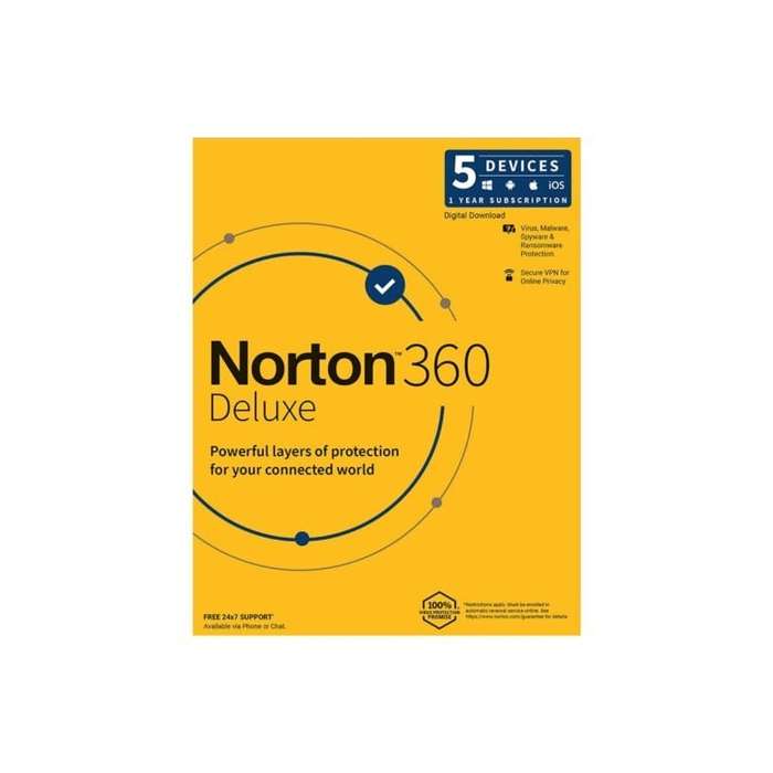 Norton 360 Deluxe for 5x PCs Macs Smartphones or Tablets - Single-user 1-year Subscription Downlo...