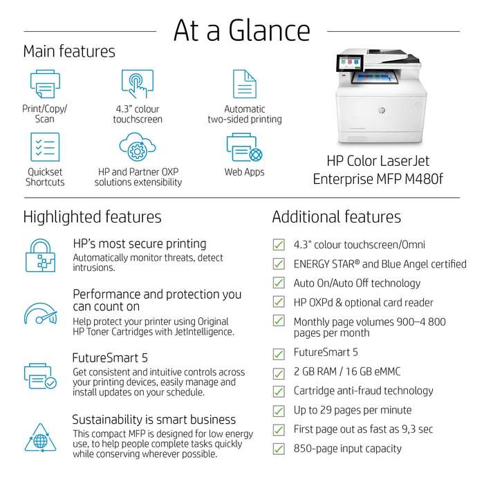 HP Color LaserJet Enterprise M480f A4 Multifunction Business Printer 3QA55A