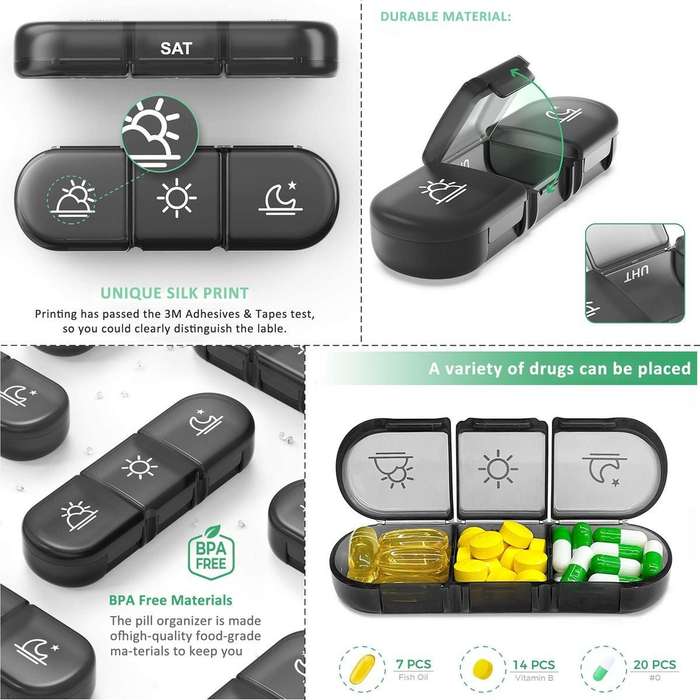 Portable 7-Day Pill Box  Weekly Organizer with 3 Compartments per Day