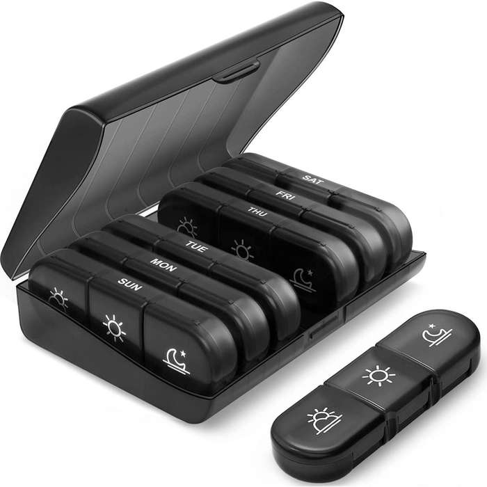 Portable 7-Day Pill Box  Weekly Organizer with 3 Compartments per Day