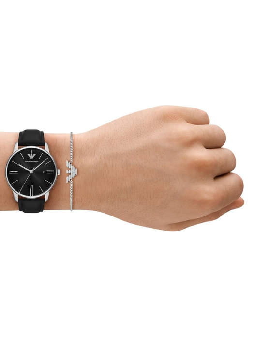 Emporio Armani Three-Hand Date Black Leather Mens Watch and Bracelet Set | AR80079SET