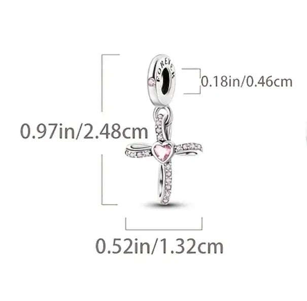 Pink Stone Cross Charm - Compatible with Pandora Bracelets