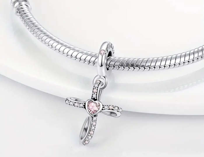 Pink Stone Cross Charm - Compatible with Pandora Bracelets