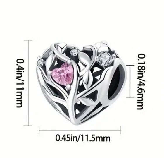 Pink Stone Heart Charm - Compatible with Pandora Bracelets