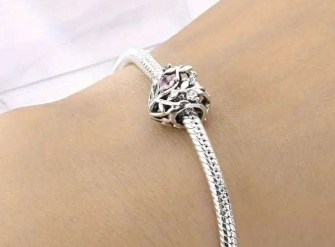 Pink Stone Heart Charm - Compatible with Pandora Bracelets