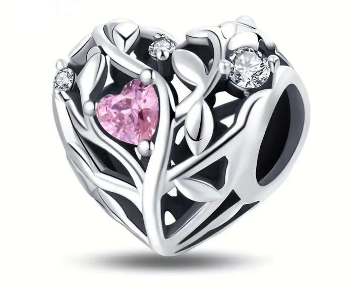 Pink Stone Heart Charm - Compatible with Pandora Bracelets