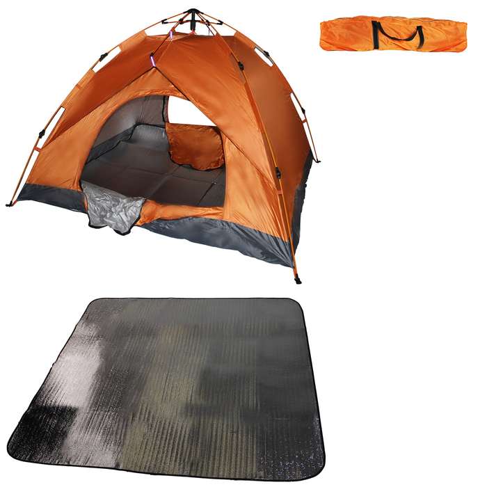 200x200cm Waterproof 3 Man Instant Tent & 190X190cm Foil & Foam Camping Mat