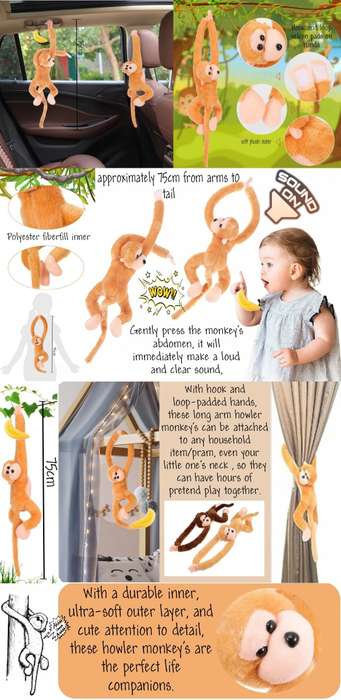 Giant 75cm Mobile Hanging Howler Monkey Baby Mobiles - 2 Pack With Plush Banana - Caramello Gold