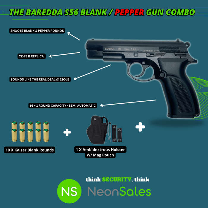 BAREDDA S56 BLACK BLANK/PEPPER GUN COMBO + 10 BLANKS & HOLSTER