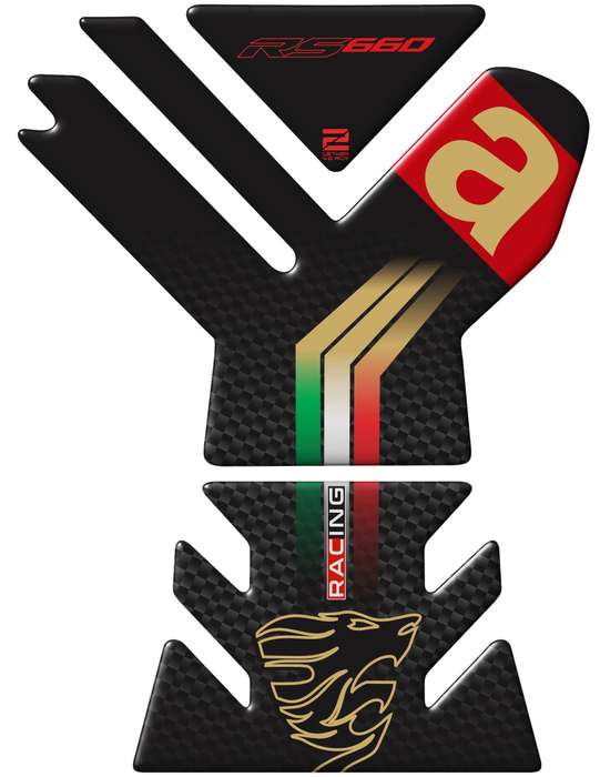 Aprilia  RS 660 Motor Bike Tank Pad . Gold and Black Carbon Fibre Universal Fit  Bike Tank Pad / ...